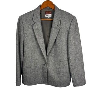 Vintage  Womens Size 12 Grey Herringbone Wool Blend Blazer Harrington Square‎